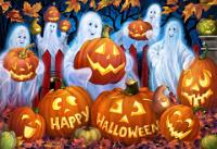 Ghosts and Pumpkins  Published by the Vermont Christmas Company -  Happy Halloween : pumpkins, jack-o-lantern, ghost, gourd, leaves, Halloween, autumn, fence, orange, Wollenmann, jigsaw puzzle