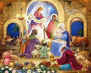 Glorious Nativity  Published by the Vermont Christmas Company -  Glorious Nativity : Wollenmann, jigsaw puzzle, Christmas, sheep, religious, kings, shepherds, Joseph, Mary, Jesus, stable, doves, crib, baby, holy family, nativity, angel, cow, donkey, animals, flowers, Gloria in Excelsis Deo, Advent Calendar