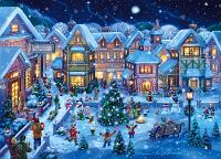 Holiday Village  Published by the Vermont Christmas Company -  Holiday Village Square : Wollenmann, jigsaw puzzle, Advent Calendar, Christmas, Christmas tree, holiday, winter, landscape, snow, snowing, night, village, town, city, people, children, sled, carolers, singing, campfire, bench, snowman, music, shopping, lights, stars, moon, lamp post, street, buildings
