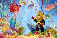 Mermaid and Diver  Published by the Vermont Christmas Company -  Mermaid & Diver : Wollenmann, jigsaw puzzle, ocean, sea, mermaid, diver, fish, coral, treasure chest, ship, crabs, jelly fish, starfish