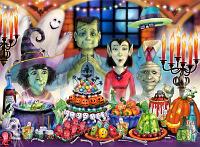 Monster Banquet  Published by the Vermont Christmas Company -  Monster Banquet : Halloween, vampire, jack-o-lantern, frankenstein, witch, ghost, invisible man, mummy monsters, jigs, jigsaw Puzzle, pumpkins, cauldren, candles, candies, food, banquet, frog, bottles, cake, cookies, haunted, spiders, webs, bones, skull, moon, octopus,  Wollenmann