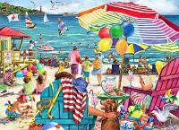 Day at the Beach  Published by the Vermont Christmas Company -  Day at the Beach : Wollenmann, jigsaw puzzle, ocean, sea, beach, sailboat, sand, sand castle, people, children, presents, balloons, umbrella, towel, snacks, reading, lifeguard, surfing, swimming, dog, drinks, sandwiches, lighthouse, ship, waves, family