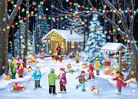 Woodland Skating Park  Published by the Vermont Christmas Company -  Woodland Skaters : Wollenmann, jigsaw puzzle, Advent Calendar, Christmas, Christmas tree, holiday, winter, snow, snowing, sled, ice, ice skating, skate, lights, hot cocoa, children, people, night, landscape, dog, campfire, sled, park